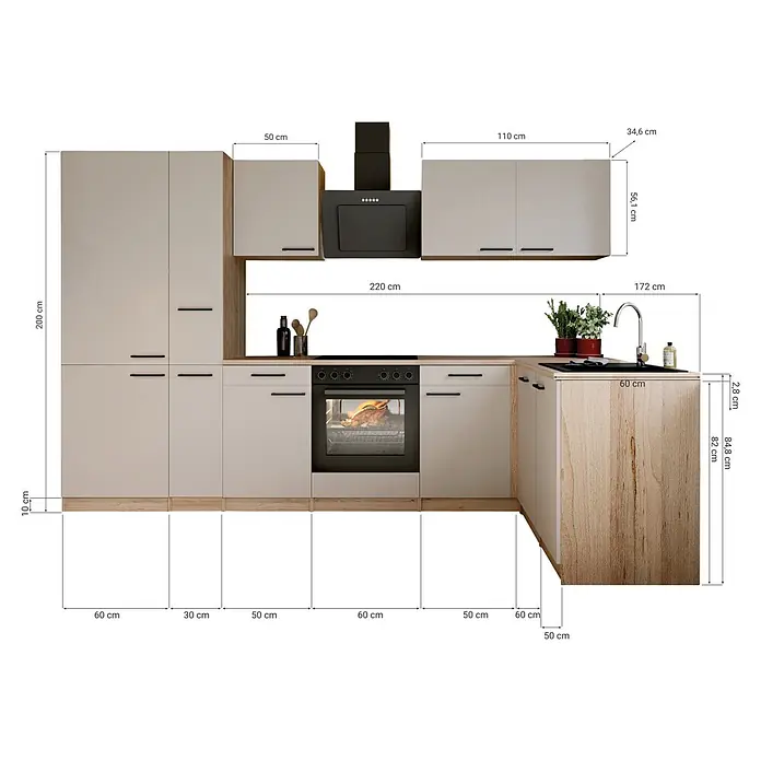 Respekta Winkelküche Merle - B x L: 310 x 172 cm, Kaschmir, Mit Elektrogeräten - L-förmige Küche mit hellbeigen Schränken, Holzoptik-Arbeitsplatte, schwarzem Backofen, Kochfeld, Spüle, Dunstabzug. Maße gezeigt.