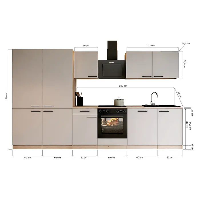 Respekta Küchenzeile Merle - Breite: 340 cm, Kaschmir, Mit Elektrogeräten - Moderne Küche mit hellen Schränken, Holzarbeitsplatte und schwarzen Geräten.