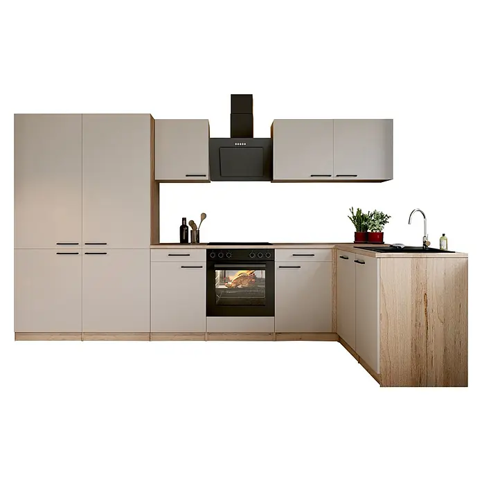 Respekta Winkelküche Merle - B x L: 340 x 172 cm, Kaschmir, Mit Elektrogeräten - Moderne L-förmige Küche mit beigen Schränken, Holzarbeitsplatten und schwarzen Geräten wie Ofen, Herd und Spüle.