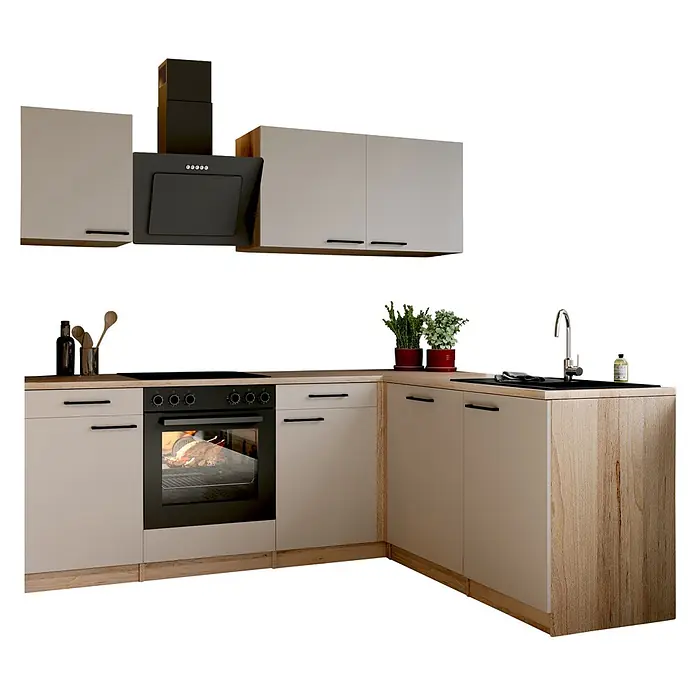 Respekta Winkelküche Merle - B x L: 220 x 172 cm, Kaschmir, Mit Elektrogeräten - L-förmige Küchenzeile mit hellbeigen Schränken, Arbeitsplatte in Holzoptik, integriertem Backofen, Kochfeld, Dunstabzugshaube und Spüle.
