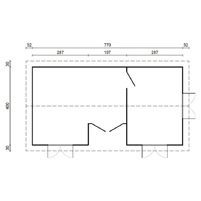Palmako Caseta de jardín Anna - Medidas ext. (An x Pr): 834 x 460 cm, Madera, Natural - Plano de planta de un edificio con dimensiones, ilustrando la disposición y las medidas del diseño.