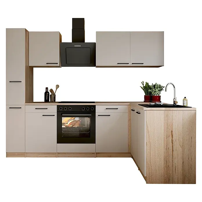 Respekta Winkelküche Merle - B x L: 250 x 172 cm, Kaschmir, Mit Elektrogeräten - L-förmige moderne Küche mit hellen Holzplatten und cremefarbenen Schränken. Integrierter Backofen, Kochfeld, Dunstabzugshaube und Spüle mit Chromarmatur.