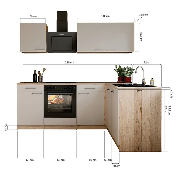 Respekta Winkelküche Merle - B x L: 220 x 172 cm, Kaschmir, Mit Elektrogeräten - Moderne L-förmige Küche mit beigen Schränken, Holz-Arbeitsplatte und schwarzen Geräten.
