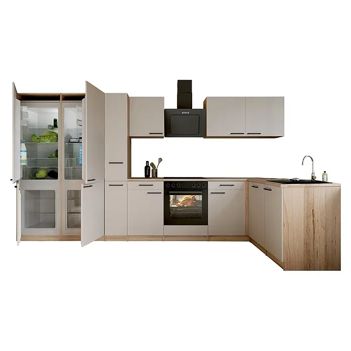 Respekta Winkelküche Merle - B x L: 370 x 172 cm, Kaschmir, Mit Elektrogeräten - Moderne L-förmige Küche mit hellen Holzdetails und beigefarbenen Schränken, ausgestattet mit schwarzen Geräten wie Kühlschrank, Ofen, Herd und Spüle.