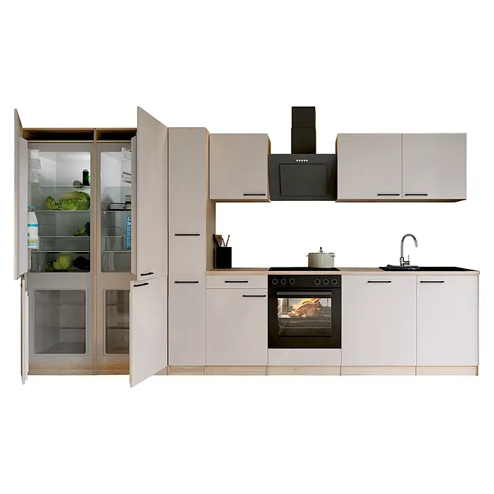 Respekta Küchenzeile Merle - Breite: 370 cm, Kaschmir, Mit Elektrogeräten - Moderne helle Einbauküche mit schwarzen Geräten, Holztheke, offenem Kühlschrank und Backofen mit Brathähnchen.