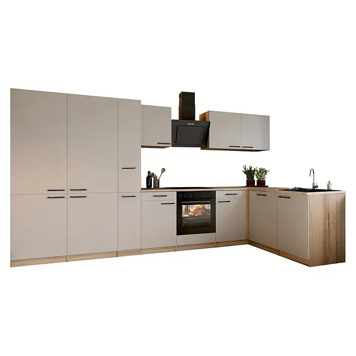 Respekta Winkelküche Merle - B x L: 370 x 172 cm, Kaschmir, Mit Elektrogeräten - Moderne L-förmige Küchenzeile mit hellbeigen Schränken, Holz-Arbeitsplatte, schwarzen Griffen und schwarzen Geräten wie Backofen, Herd, Dunstabzug und Spüle.