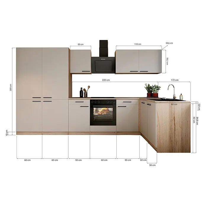Respekta Winkelküche Merle - B x L: 340 x 172 cm, Kaschmir, Mit Elektrogeräten - L-förmige Modulküche mit beigefarbenen Schränken, Holzplatte, schwarzen Geräten, Ofen und Spüle, Maße angezeigt.