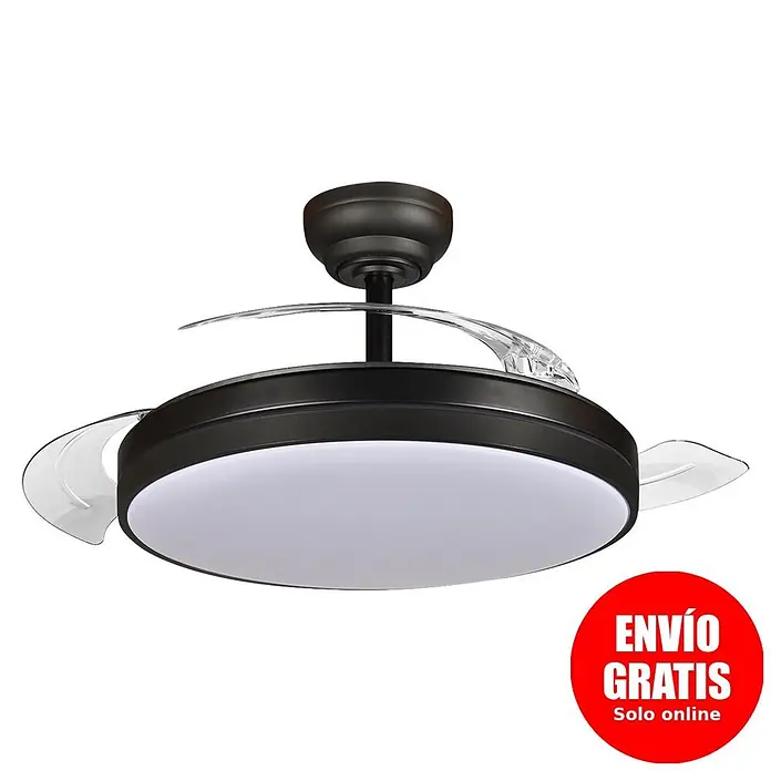Led Hispania Ventilador de techo Belcaire - Negro, 106 cm, 30 W, Blanco frío - Ventilador de techo oscuro con aspas transparentes retráctiles y luz LED circular integrada.