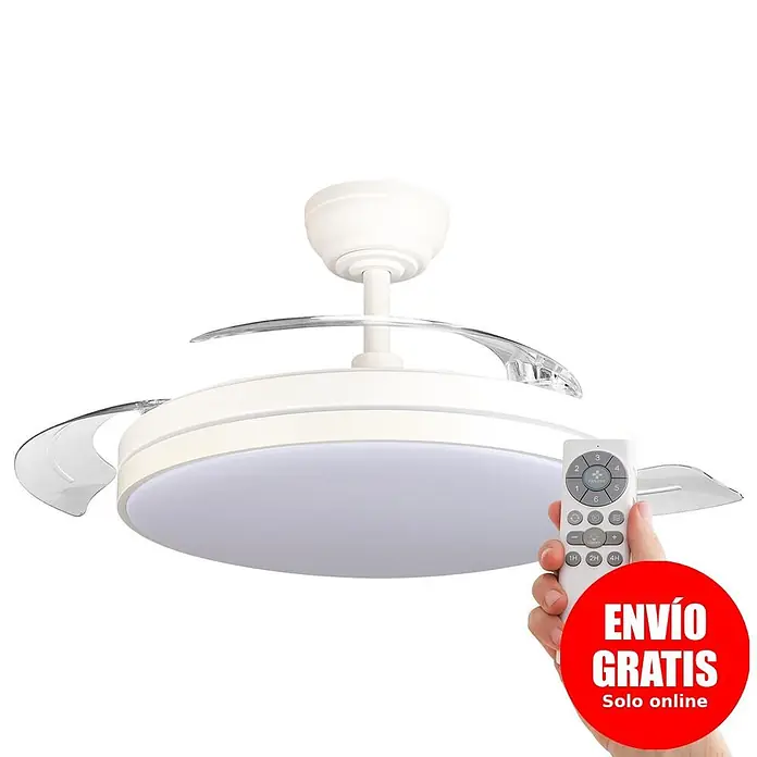 Led Hispania Ventilador de techo Belcaire - Blanco, 106 cm, 30 W, Blanco frío - Ventilador de techo blanco con aspas retráctiles transparentes y luz LED integrada, controlado por un mando a distancia blanco.