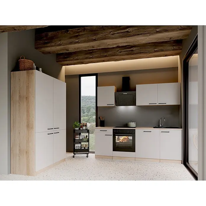 Respekta Küchenzeile Merle - Breite: 340 cm, Kaschmir, Mit Elektrogeräten - Moderne Küche mit weißen und holzfarbenen Schränken, heller Arbeitsplatte und schwarzen Geräten.
