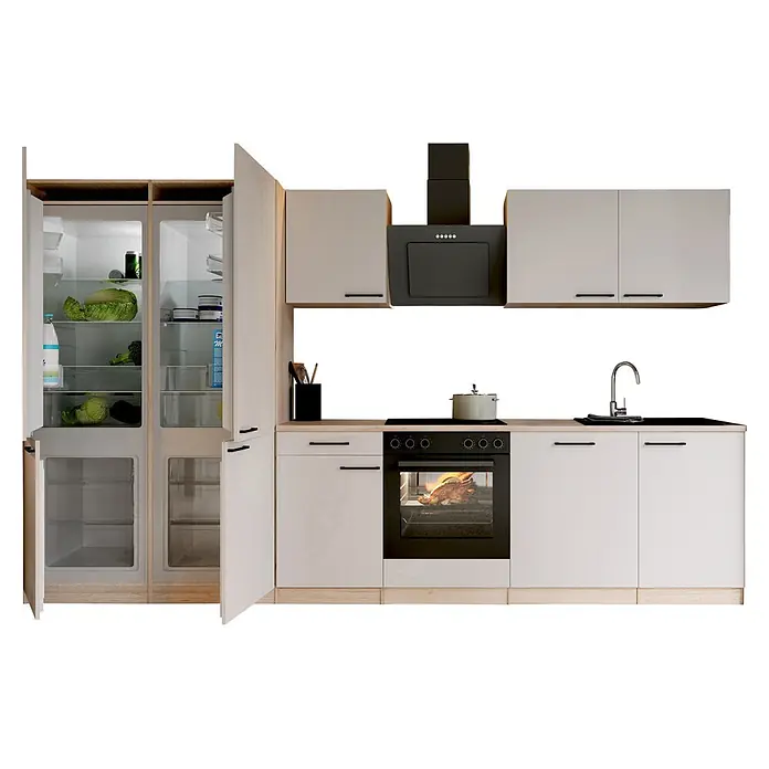 Respekta Küchenzeile Merle - Breite: 340 cm, Kaschmir, Mit Elektrogeräten - Moderne weiße und hellholzfarbene Küchenzeile mit schwarzen Geräten, geöffnetem Kühlschrank und Ofen mit Hähnchen.