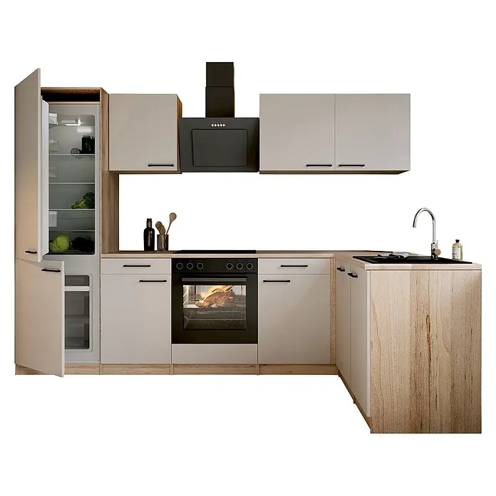 Respekta Winkelküche Merle - B x L: 280 x 172 cm, Kaschmir, Mit Elektrogeräten - Moderne L-förmige Küche mit beigen Schränken, Holzdetails und schwarzen Geräten. Offener Kühlschrank, Ofen mit Essen und Spüle sind sichtbar.