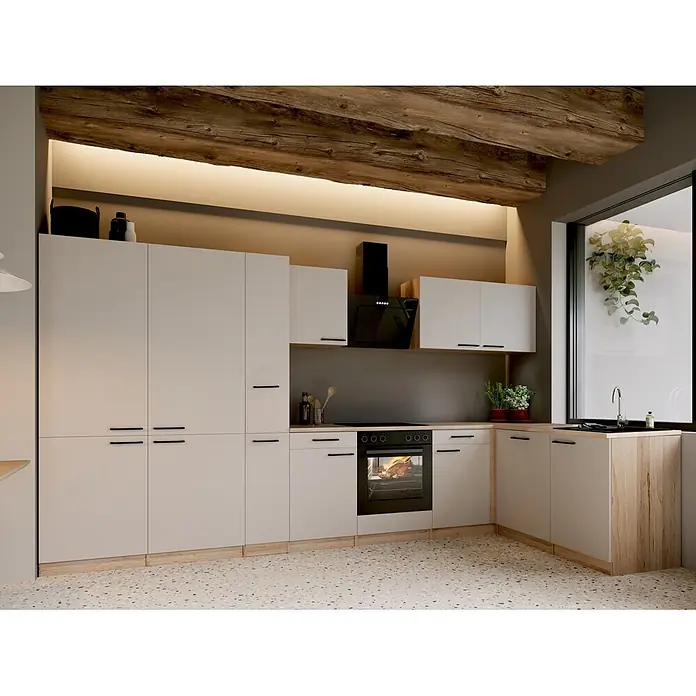 Respekta Winkelküche Merle - B x L: 370 x 172 cm, Kaschmir, Mit Elektrogeräten - Moderne Küche mit hellgrauen Schränken und Holzelementen, inklusive Einbauofen und Dunstabzugshaube.