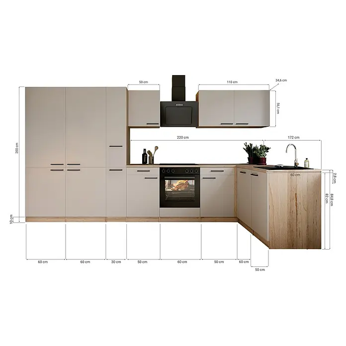 Respekta Winkelküche Merle - B x L: 370 x 172 cm, Kaschmir, Mit Elektrogeräten - L-förmige Küchenzeile in Hellbeige und Holzoptik mit schwarzen Geräten. Maße angegeben.