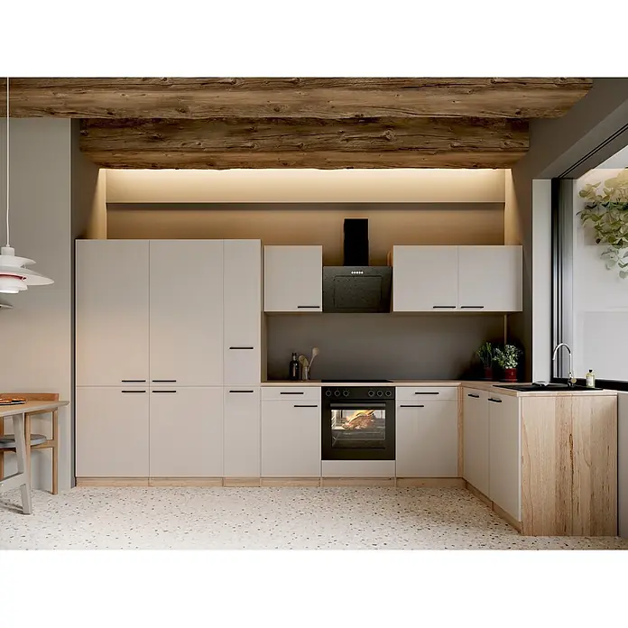 Respekta Winkelküche Merle - B x L: 370 x 172 cm, Kaschmir, Mit Elektrogeräten - Moderne L-förmige Küche mit hellbeigen Schränken, Holzplatten und schwarzen Geräten.