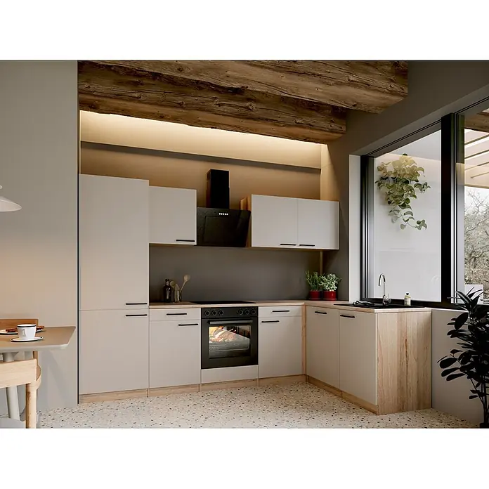 Respekta Winkelküche Merle - B x L: 280 x 172 cm, Kaschmir, Mit Elektrogeräten - Hellegraue Küchenschränke mit hellen Holz-Arbeitsplatten, integrierten schwarzen Geräten.