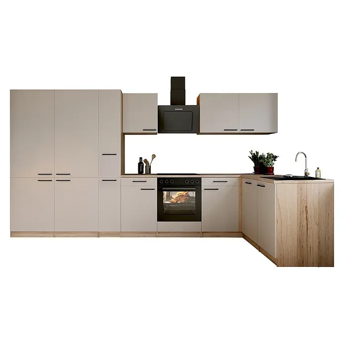 Respekta Winkelküche Merle - B x L: 370 x 172 cm, Kaschmir, Mit Elektrogeräten - Moderne L-förmige Küche mit hellbeigen Schränken, Holzplatte, schwarzen Geräten und Backofen mit Gericht.