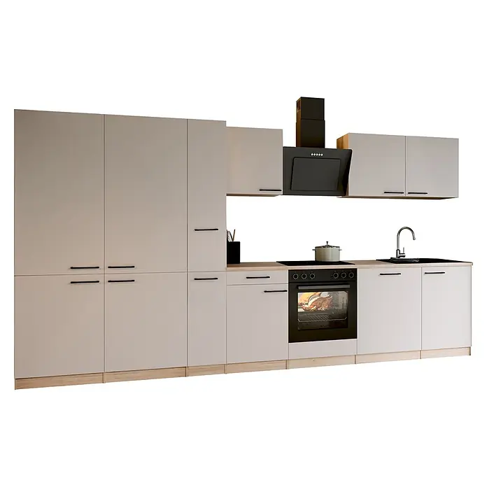 Respekta Küchenzeile Merle - Breite: 370 cm, Kaschmir, Mit Elektrogeräten - Moderne hellbeige Küchenschränke mit schwarzen Geräten und einer hellen Arbeitsplatte aus Holz.