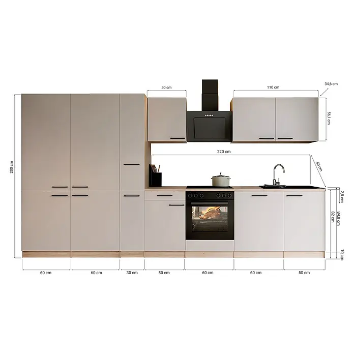 Respekta Küchenzeile Merle - Breite: 370 cm, Kaschmir, Mit Elektrogeräten - Moderne beige Küchenzeile mit Holz-Arbeitsplatten, integriertem Backofen, Kochfeld, Spüle und Dunstabzugshaube, detaillierte Maße inklusive.