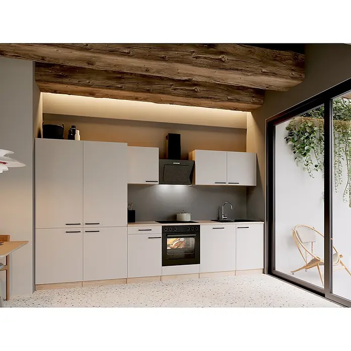 Respekta Küchenzeile Merle - Breite: 340 cm, Kaschmir, Mit Elektrogeräten - Moderne Küche mit hellgrauen Schränken, schwarzen Griffen, Holzdetails, Backofen und Spüle.