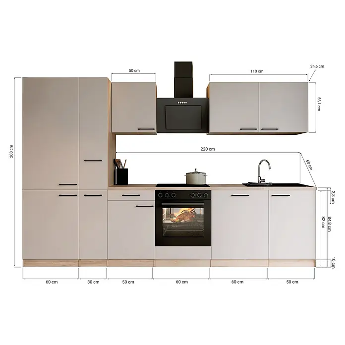 Respekta Küchenzeile Merle - Breite: 310 cm, Kaschmir, Mit Elektrogeräten - Moderne Einbauküche in Hellgrau mit Holzplatte und schwarzen Geräten (Ofen, Kochfeld, Spüle, Dunstabzugshaube) mit Maßen.