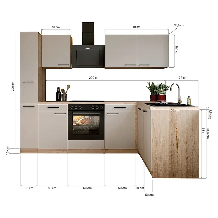 Respekta Winkelküche Merle - B x L: 250 x 172 cm, Kaschmir, Mit Elektrogeräten - L-förmige Modulküche mit hellen Holzelementen und hellgrauen Fronten, inklusive Backofen, Kochfeld, Dunstabzugshaube, Spüle und Hochschrank.