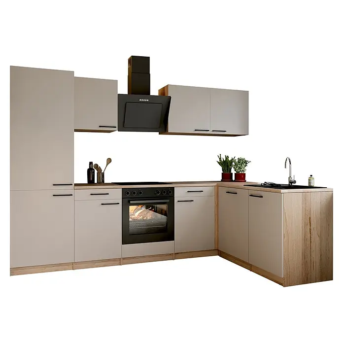 Respekta Winkelküche Merle - B x L: 280 x 172 cm, Kaschmir, Mit Elektrogeräten - Moderne Küche mit hellbeigen Schränken, Arbeitsplatten aus Holz, schwarzen Geräten wie Ofen mit Essen, Kochfeld, Dunstabzugshaube und Spüle.