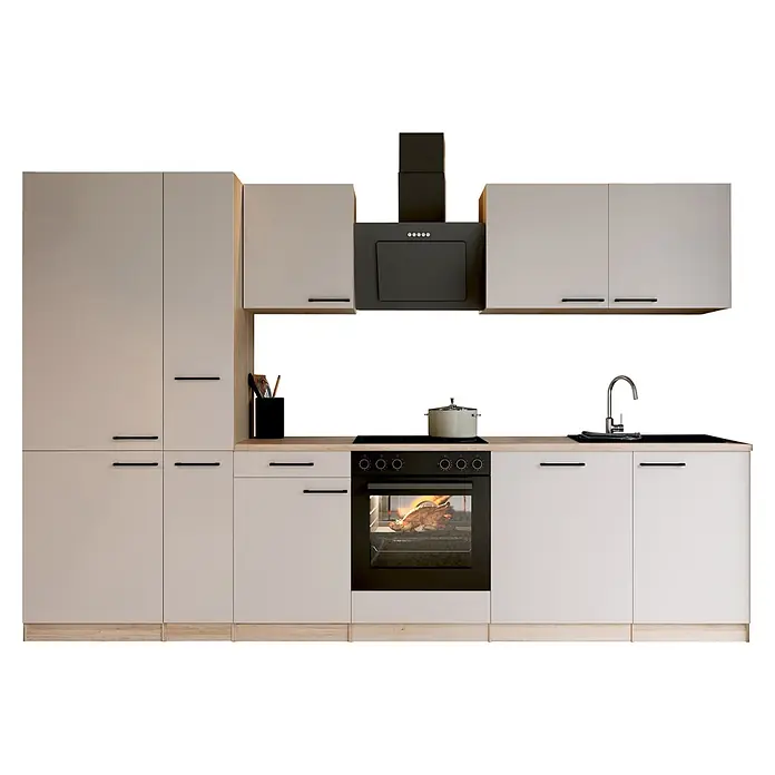 Respekta Küchenzeile Merle - Breite: 310 cm, Kaschmir, Mit Elektrogeräten - Modernes hellbeiges Küchenmodul mit schwarzen Geräten, heller Holzoptik-Arbeitsplatte und integriertem Backofen.