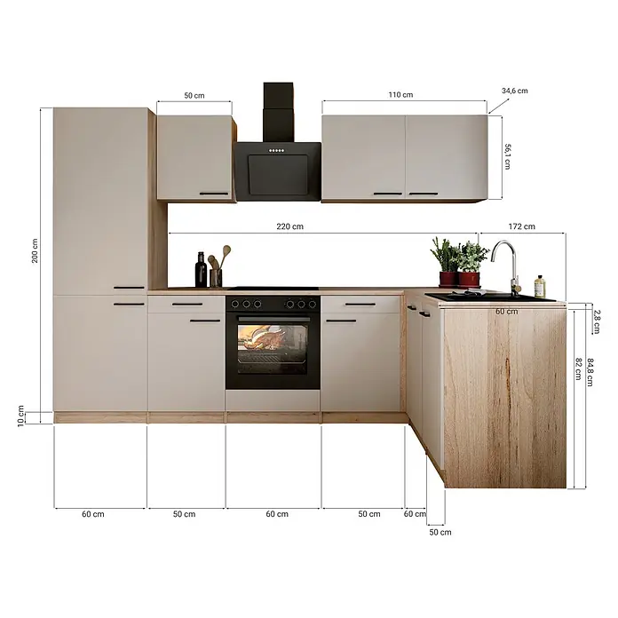 Respekta Winkelküche Merle - B x L: 280 x 172 cm, Kaschmir, Mit Elektrogeräten - Moderne L-förmige Küche mit hellbeigen Schränken, Arbeitsplatten in Holzoptik, schwarzen Geräten und Spüle, detailliert bemaßt.