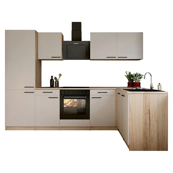 Respekta Winkelküche Merle - B x L: 280 x 172 cm, Kaschmir, Mit Elektrogeräten - Moderne L-förmige Küche mit hellbeigen Schränken, Naturholzdetails und schwarzen Geräten wie Backofen, Kochfeld, Dunstabzugshaube und Spüle.