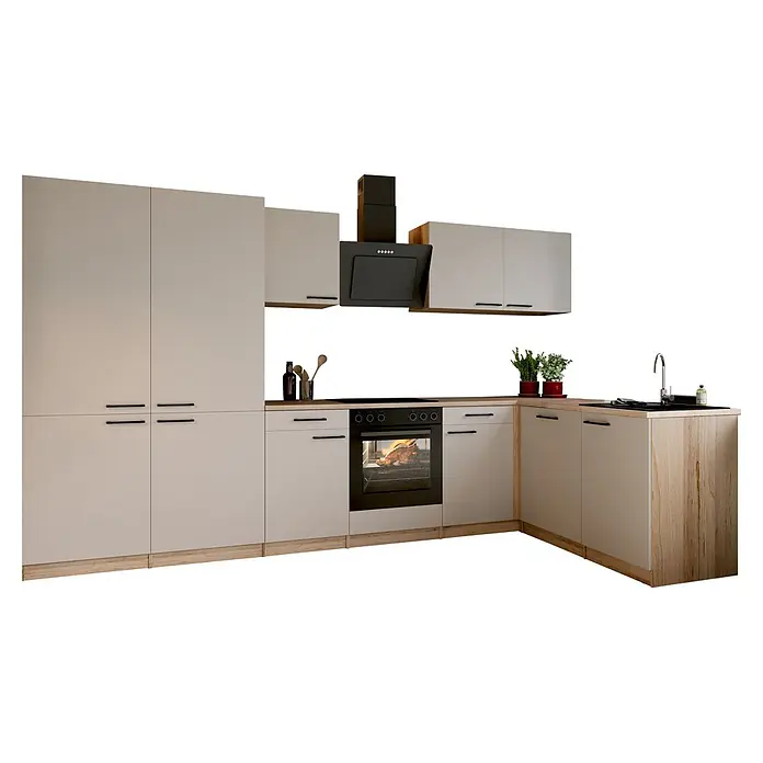 Respekta Winkelküche Merle - B x L: 340 x 172 cm, Kaschmir, Mit Elektrogeräten - L-förmige Küche mit hellbeigen Schränken, Holzdetails, integriertem Backofen, Kochfeld, Spüle und Dunstabzugshaube.