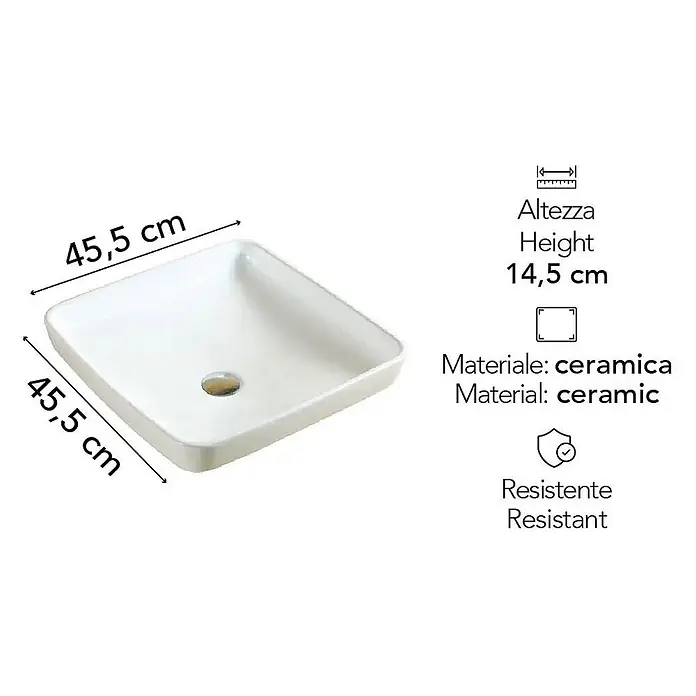 Kiamami Valentina Aufsatzwaschbecken - 455 x 455 cm, Weiß - Weißes quadratisches Keramikwaschbecken, 45,5 cm breit, 45,5 cm tief, 14,5 cm hoch.