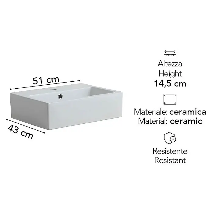 Kiamami Valentina Aufsatzwaschbecken - 43 x 51 cm, Weiß - Weißes rechteckiges Keramikwaschbecken, 51x43x14,5 cm, widerstandsfähig.