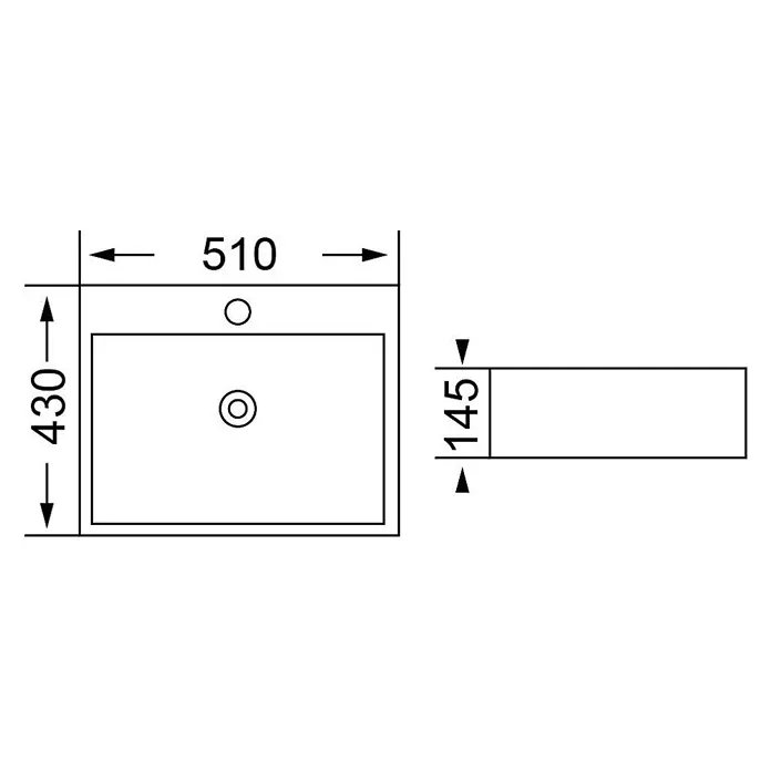 Kiamami Valentina Aufsatzwaschbecken - 43 x 51 cm, Weiß - Technische Zeichnung eines rechteckigen Waschbeckens mit den Maßen: 510 mm Breite, 430 mm Tiefe und 145 mm Höhe.