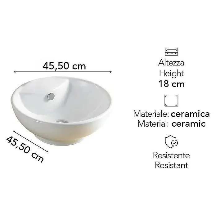 Kiamami Valentina Aufsatzwaschbecken - 45,5 x 45,5 cm, Weiß - Weißes Keramik-Waschbecken, 45,50 cm Durchmesser und 18 cm Höhe.