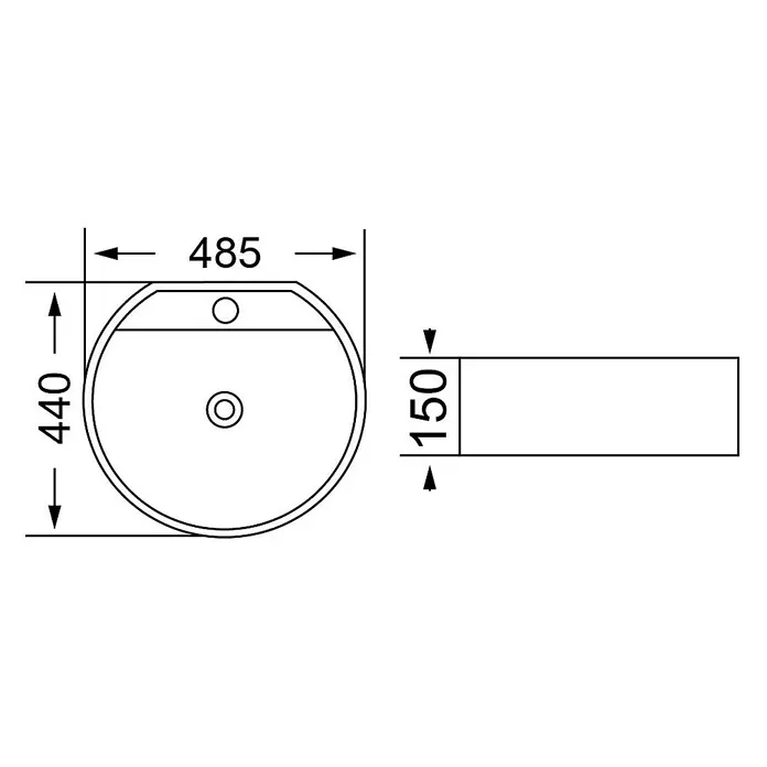 Kiamami Valentina Aufsatzwaschbecken - 44 x 48,5 cm, Weiß - Technische Zeichnung eines D-förmigen Waschbeckens mit Maßen: 485 mm Breite, 440 mm Tiefe und 150 mm Höhe.