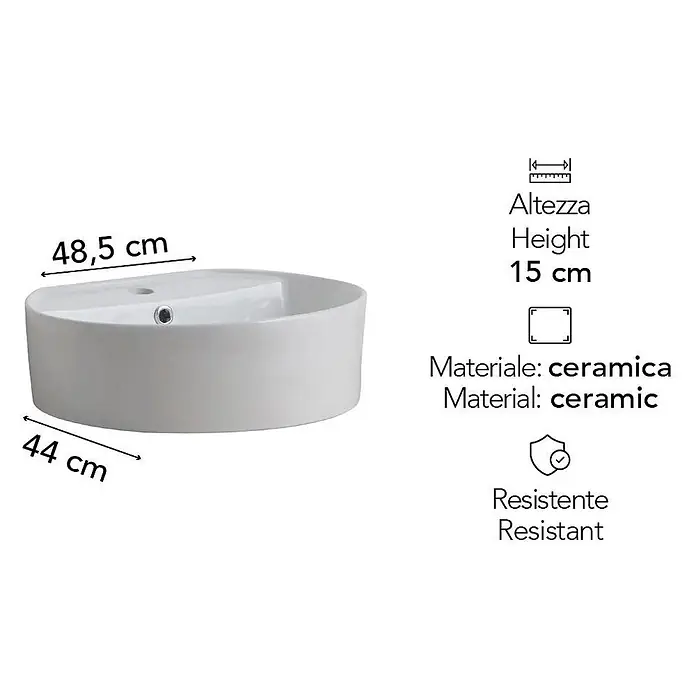 Kiamami Valentina Aufsatzwaschbecken - 44 x 48,5 cm, Weiß - Weißes, halbovales Aufsatzwaschbecken aus Keramik, 48,5 cm breit, 44 cm tief, 15 cm hoch.