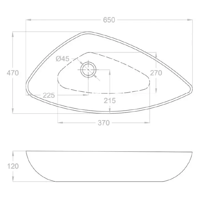 Kiamami Valentina Aufsatzwaschbecken - 47 x 65 cm, Weiß - Technische Zeichnung eines organisch geformten Aufsatzwaschbeckens mit Maßen.