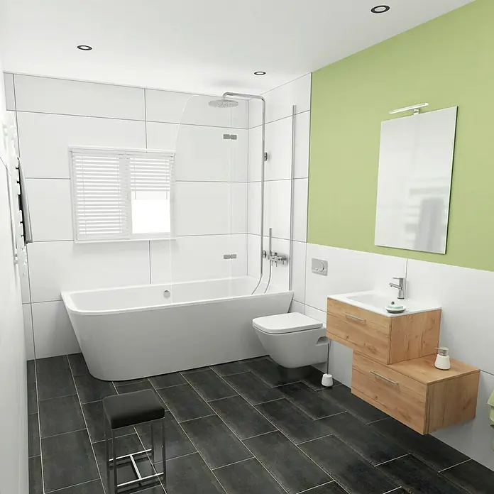 Camargue Espacio Badmöbel-Set G46 - 80 cm, Doce - Modernes Badezimmer mit Badewanne, Toilette, Waschtisch und Spiegel. Die dunklen Bodenfliesen bilden einen Kontrast zu den weißen Wandfliesen.
