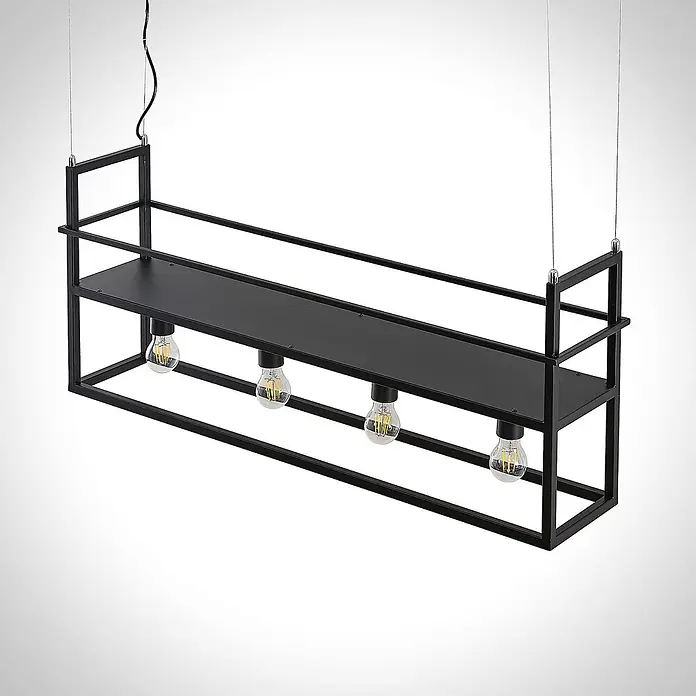 Lindby Pendelleuchte Grisela - L x B x H: 101,5 x 20 x 41 cm, Schwarz matt, E27 - Schwarze industrielle Pendelleuchte mit rechteckigem Rahmen und vier sichtbaren Glühbirnen.