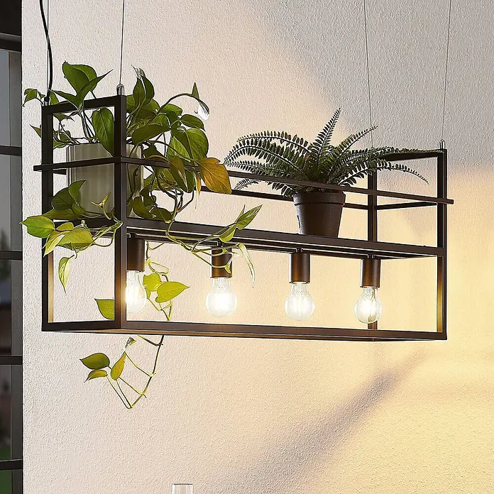 Lindby Pendelleuchte Grisela - L x B x H: 101,5 x 20 x 41 cm, Schwarz matt, E27 - Dunkle Metall-Hängeleuchte, rechteckig, mit zwei Pflanzenablagen für Rankpflanze & Farn, vier freiliegende Glühbirnen spenden warmes Licht.