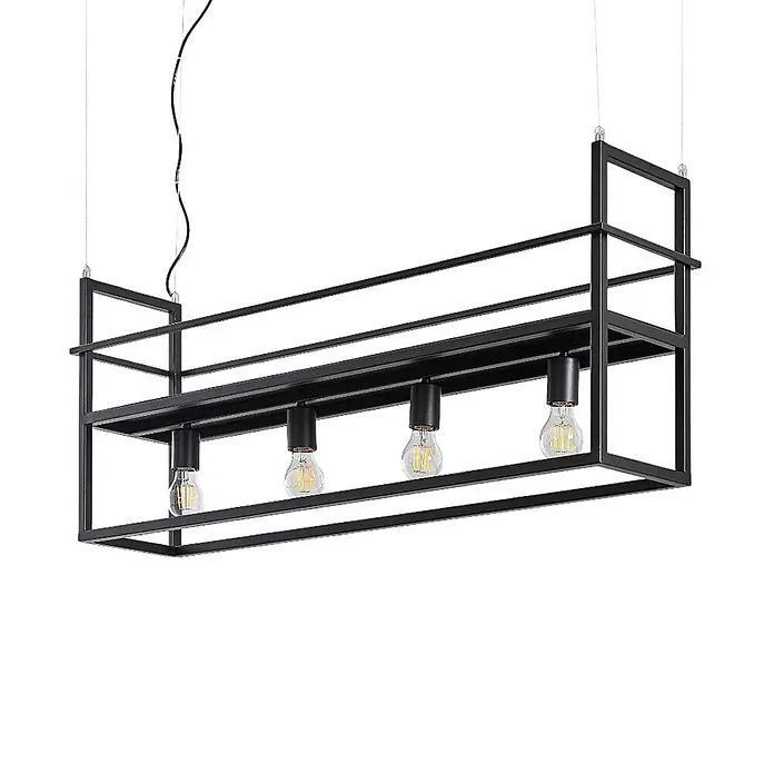Lindby Pendelleuchte Grisela - L x B x H: 101,5 x 20 x 41 cm, Schwarz matt, E27 - Schwarze rechteckige Metall-Hängeleuchte mit offenem Käfigdesign und vier sichtbaren Edison-Glühbirnen.