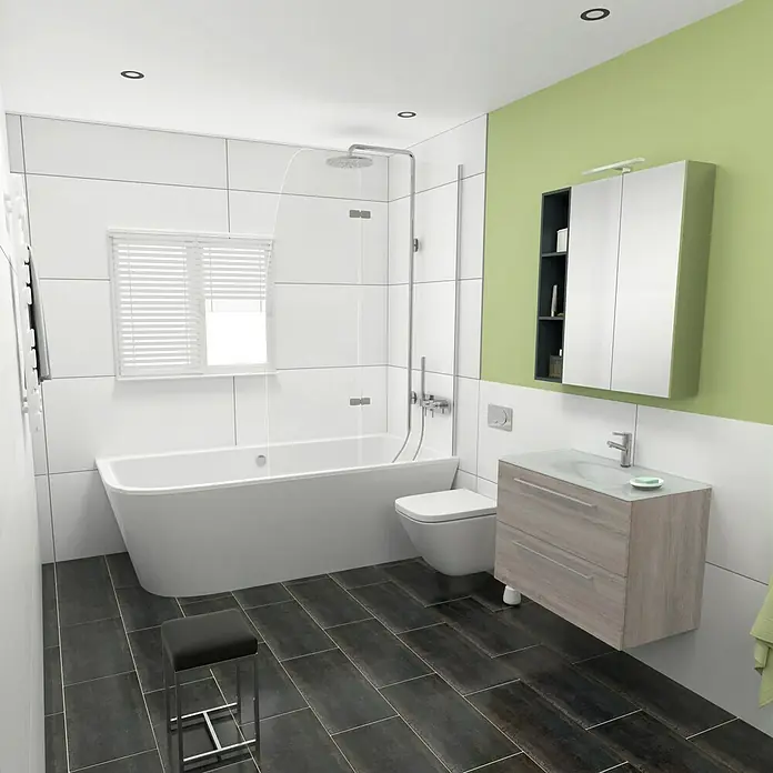 Camargue Espacio Einbauwaschbecken Puro - 80 x 46 cm, Weiß - Das helle Badezimmer verfügt über eine Badewanne, Toilette, Waschtisch mit Spiegel und einen Hocker, alles in einem modernem Design.