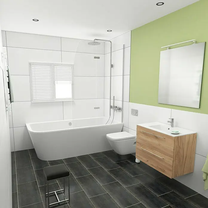 Camargue Espacio Waschtischunterschrank - 80 x 46 x 60 cm, 2 Schubkästen, Doce - Ein modernes Badezimmer mit Badewanne, Dusche, Waschtisch mit Holzfront und einem Spiegel an der Wand. Elegantes Design.