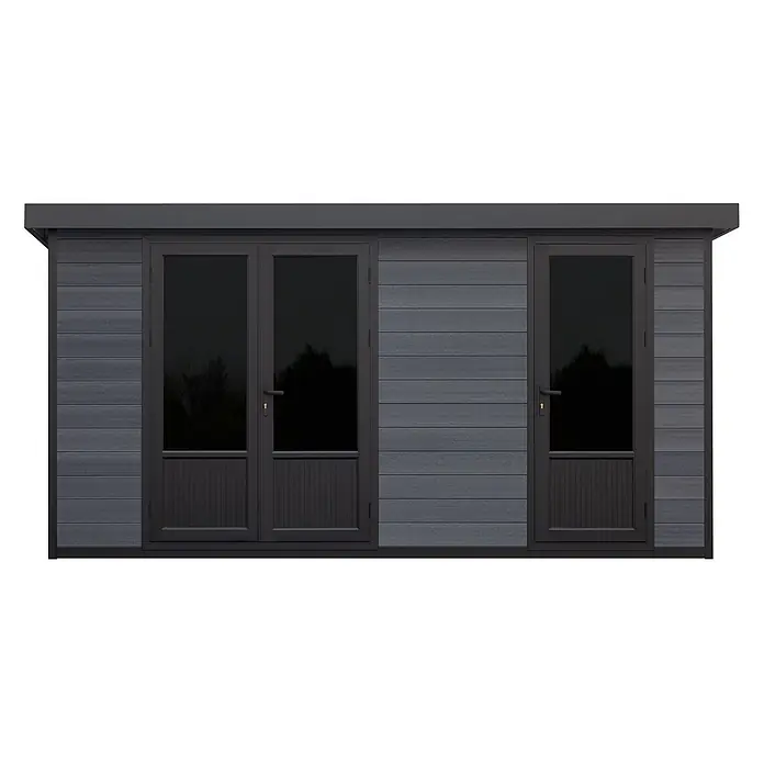 Fjordholz Gartenhaus Style DeLuxe 2-Raum 12,24 m² - Außenmaß inkl. Dachüberstand (B x T): 448 x 325 cm, Aluminium, Anthrazit/grau - Modernes dunkelgraues Gartenhaus mit Verbundstoffverkleidung und zwei dunklen Türen.