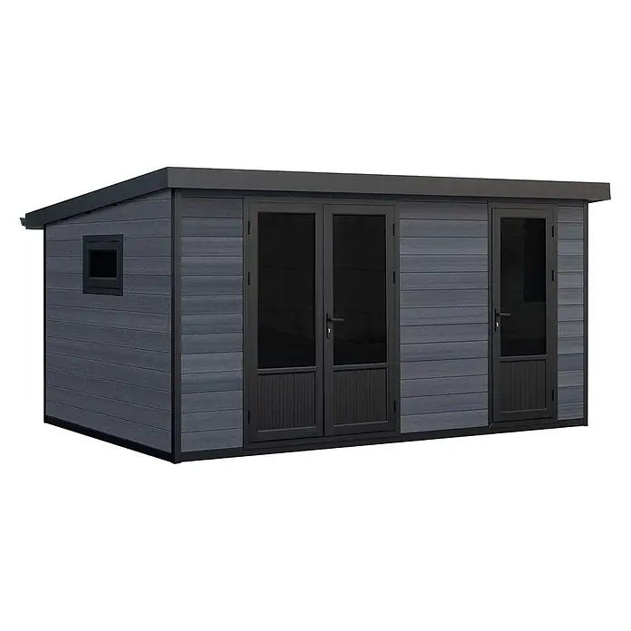 Fjordholz Gartenhaus Style DeLuxe 2-Raum 12,24 m² - Außenmaß inkl. Dachüberstand (B x T): 448 x 325 cm, Aluminium, Anthrazit/grau - Grauer Gartenschuppen mit strukturierter Verkleidung, dunklem Flachdach, Doppel- und Einzeltüren sowie einem kleinen Seitenfenster.