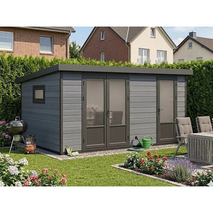 Fjordholz Gartenhaus Style DeLuxe 2-Raum 12,24 m² - Außenmaß inkl. Dachüberstand (B x T): 448 x 325 cm, Aluminium, Anthrazit/grau