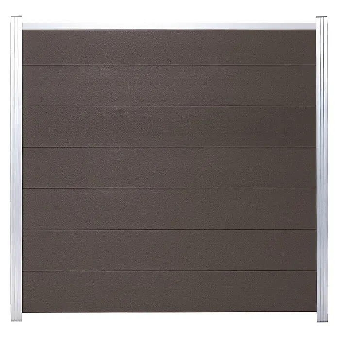 GartenLand Steckzaun-Element WPC Zaun Ameland Ohne Pfosten Ohne Abschlussleiste - B x H: 180 x 180 cm, Anthrazit, Verbundwerkstoff - Dunkelbrauner Sichtschutz mit horizontalen Lamellen und silbernem Metallrahmen.