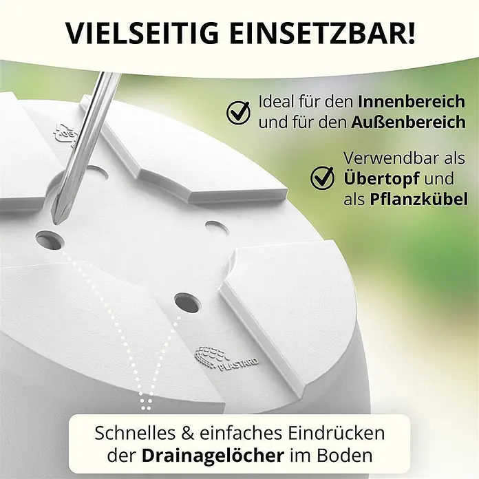 Plastard Pflanztopf Capri 5er Set - Außenmaß (Ø x H): 35 x 30 cm, Kunststoff, Weiß - Weißer Kunststoff-Pflanztopf, bei dem ein vorgeprägtes Drainageloch mit einem Schraubendreher herausgedrückt wird. Für innen und außen geeignet.