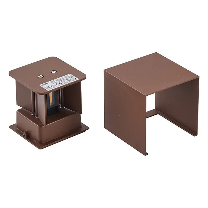 Lindby Außenwandleuchte Nivar - braun / rost, IP54 - Braune Metall-LED-Außenleuchte in Würfelform, mit separater Abdeckung.